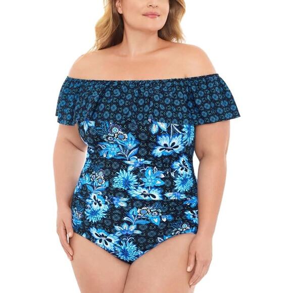 SWIM SOLUTIONS Off-The-Shoulder Tummy-Control One-Piece Swimsuit Plus Size 22W - Picture 1 of 10